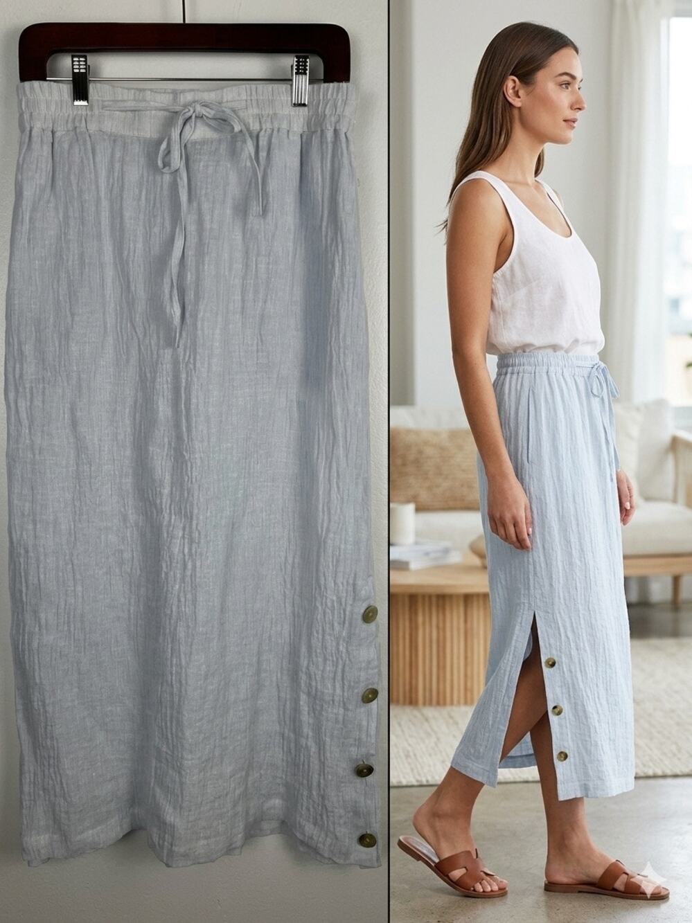 Tahari Women's Pale Blue 100% Crinkle flax Linen Maxi Skirt Size Medium